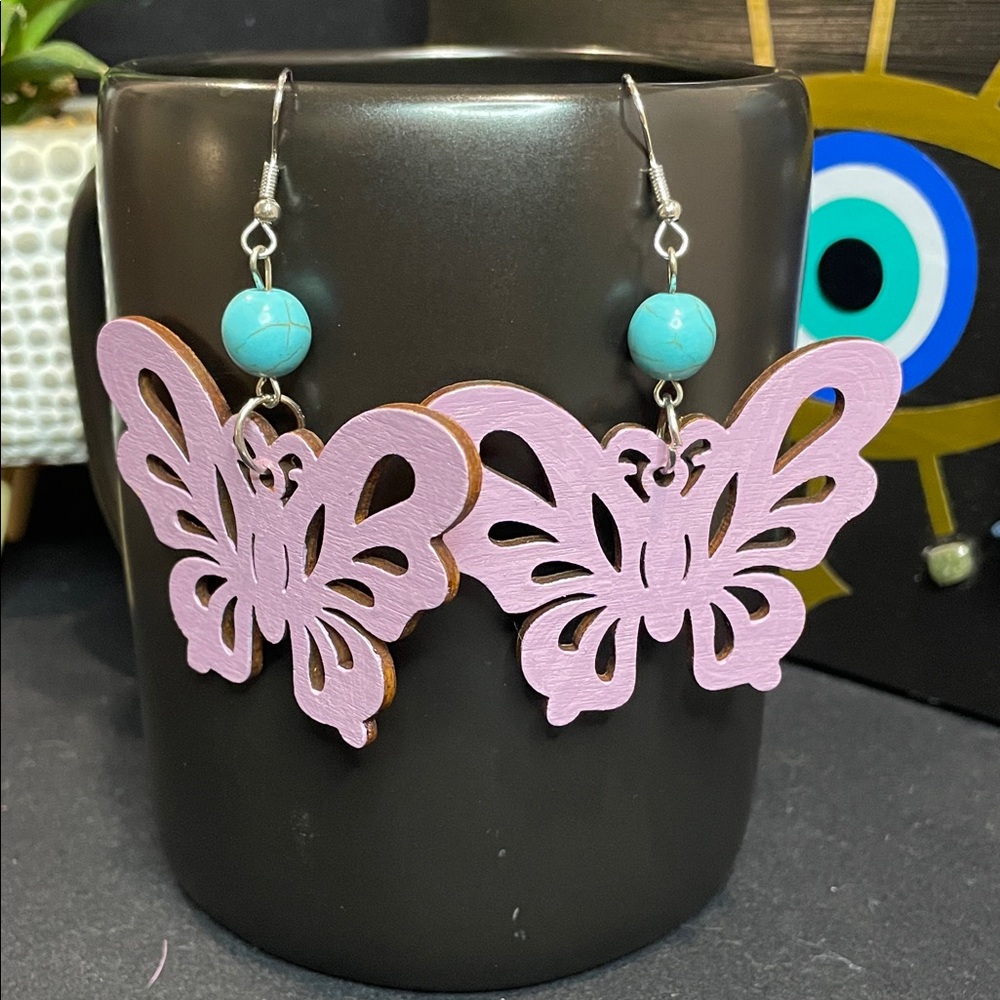 Wooden Lavender Butterfly Earrings with Turquoise Beads - Picture 1 of 3